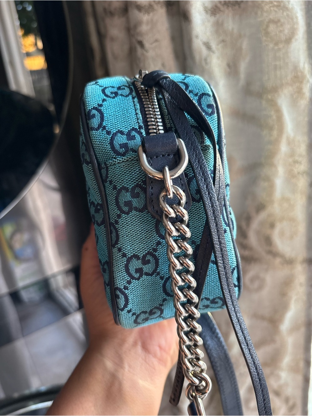 Gucci Turquoise GG Canvas Crossbody Bag with Black Trim - Picture 3 of 9